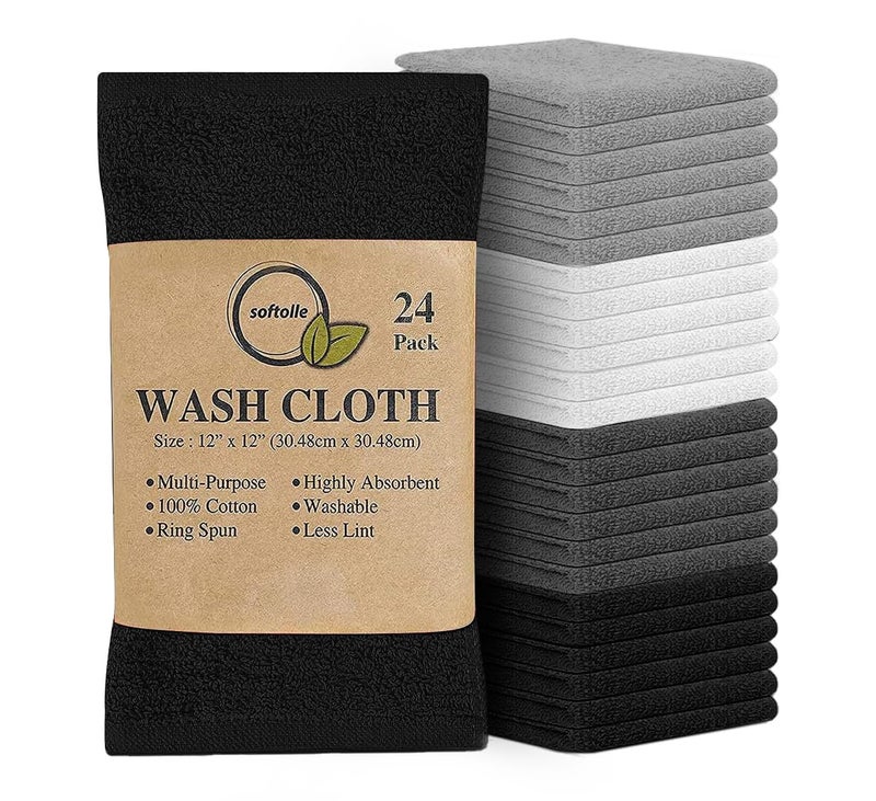 Softolle 100% Cotton Ring Spun Wash Cloths - Bulk Pack of Washcloths - 12x12 Inches - Wash Cloth for Face, Highly Absorbent, Soft and Face Towels (White/L.Grey/D.Grey/Black, 24 Pack) - Image 1